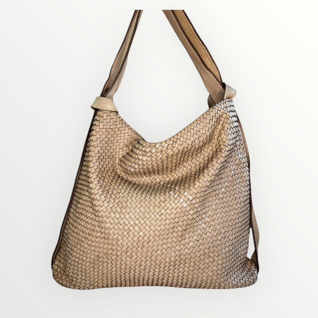 BORSA ZAINO VINTAGE IN PELLE INTRECCIATA TAUPE