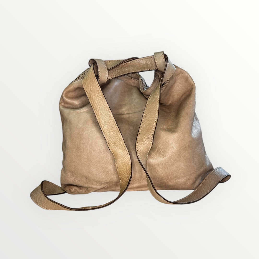 BORSA ZAINO VINTAGE IN PELLE INTRECCIATA TAUPE