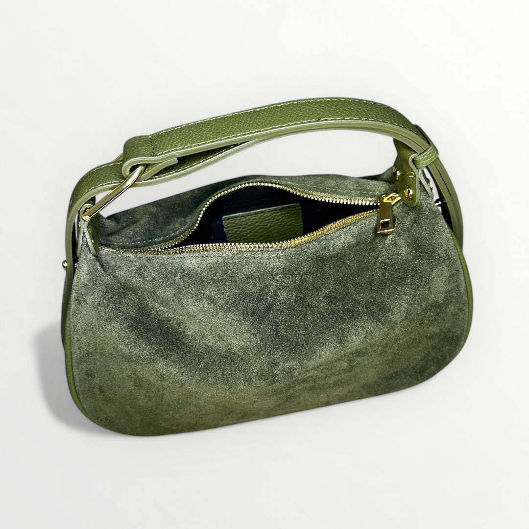 BORSA HOBO IN VERA PELLE CAMOSCIO VERDE MILITARE