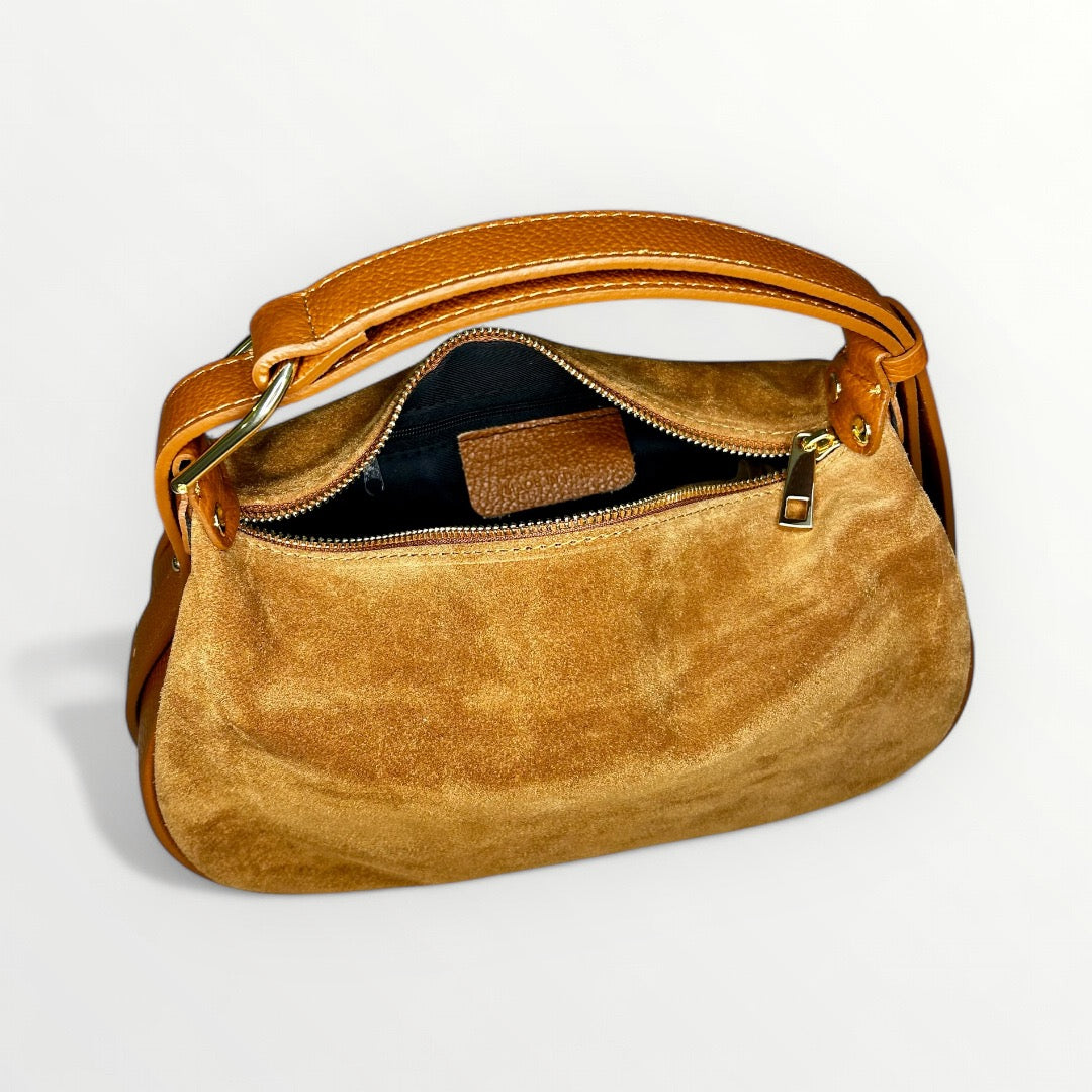BORSA HOBO IN VERA PELLE CAMOSCIO CUOIO