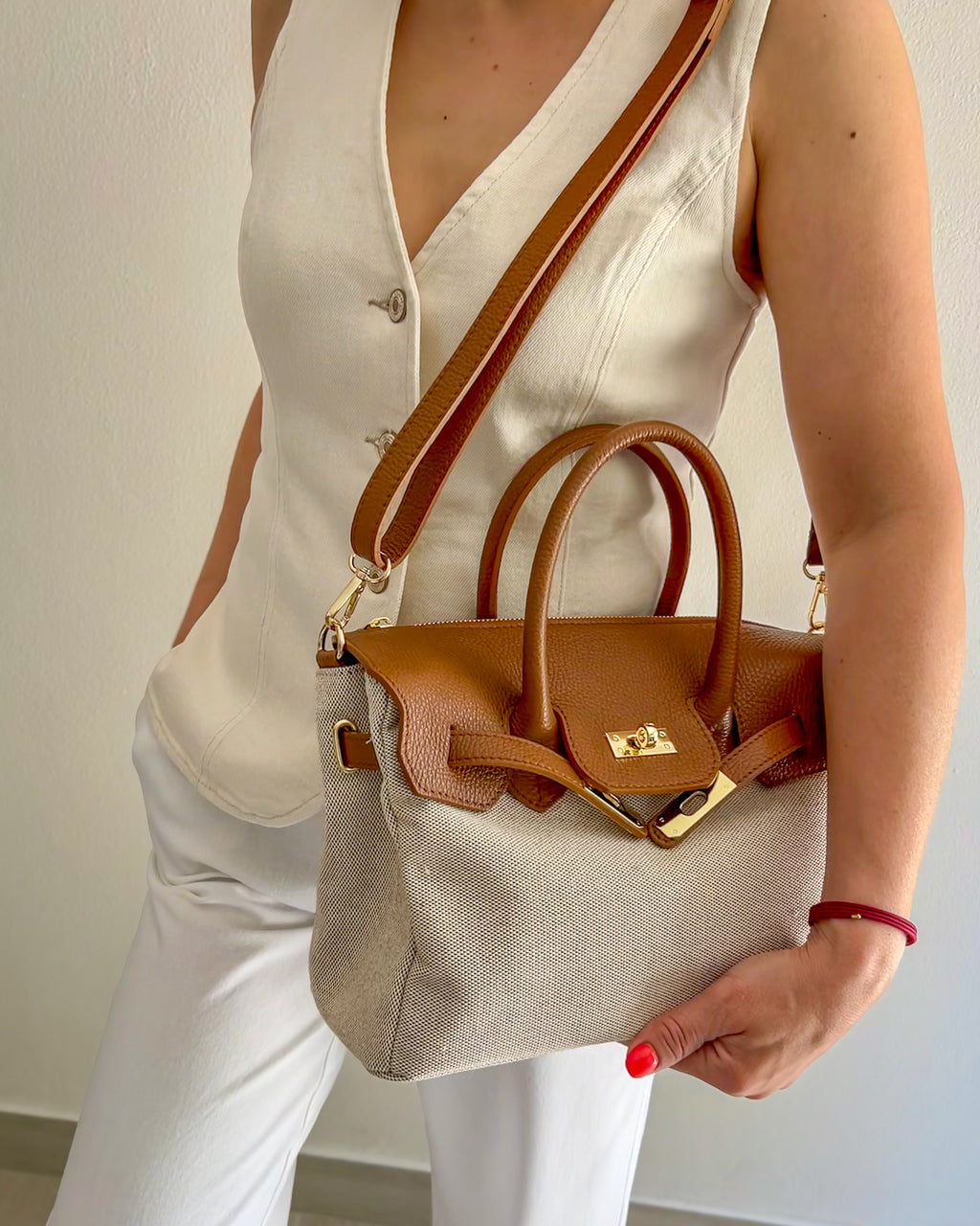 BORSA GABRIELLA MEDIUM IN PELLE E CANVAS