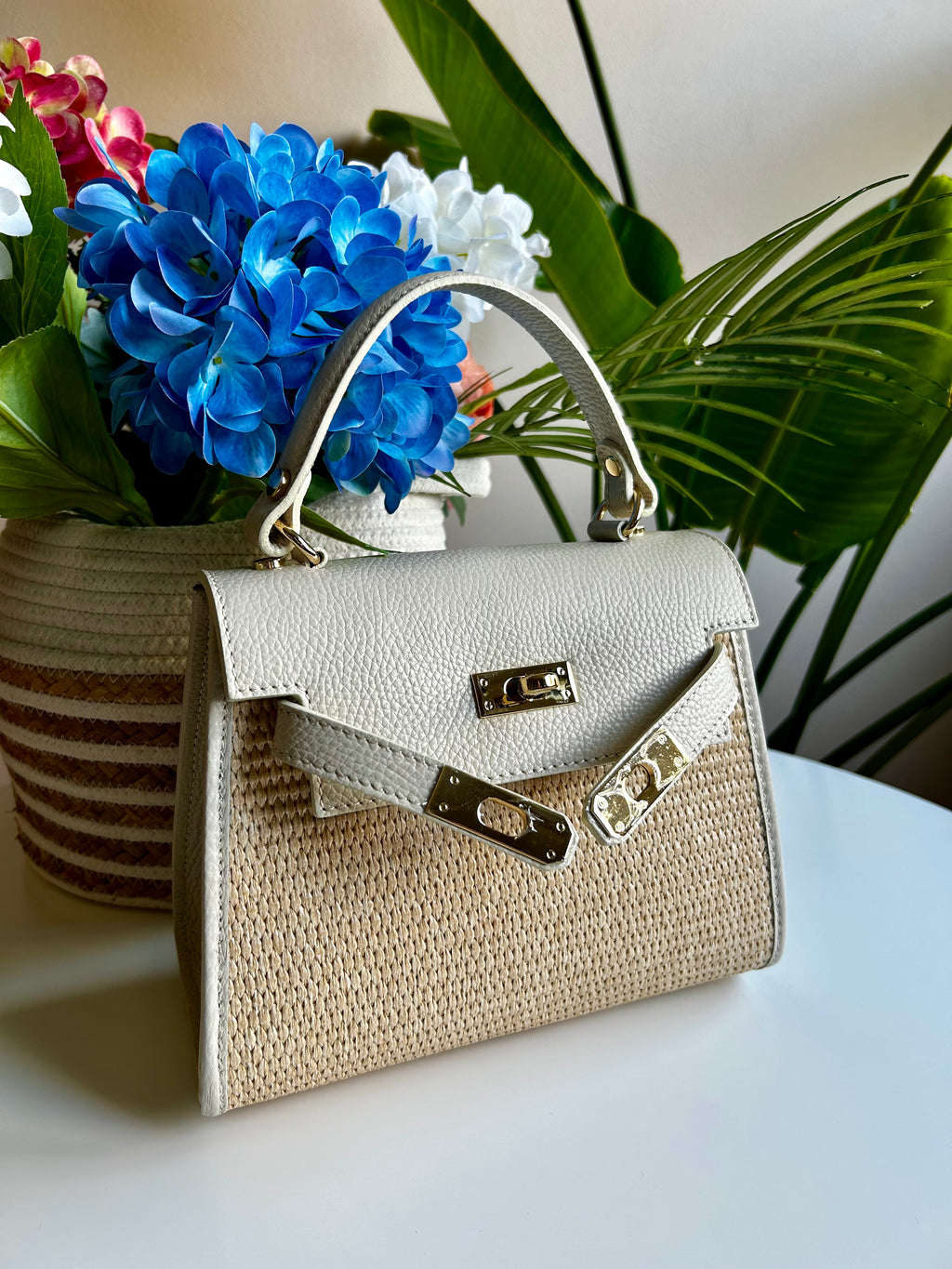 KATE BAG IN LEATHER AND RAFFIA