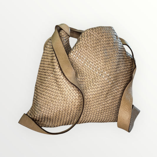 BORSA ZAINO VINTAGE IN PELLE  INTRECCIATA TAUPE
